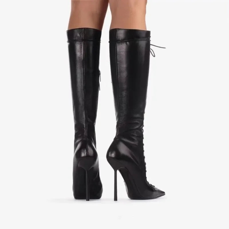 Brand Design Cross Strap Black Red Knee High Boots