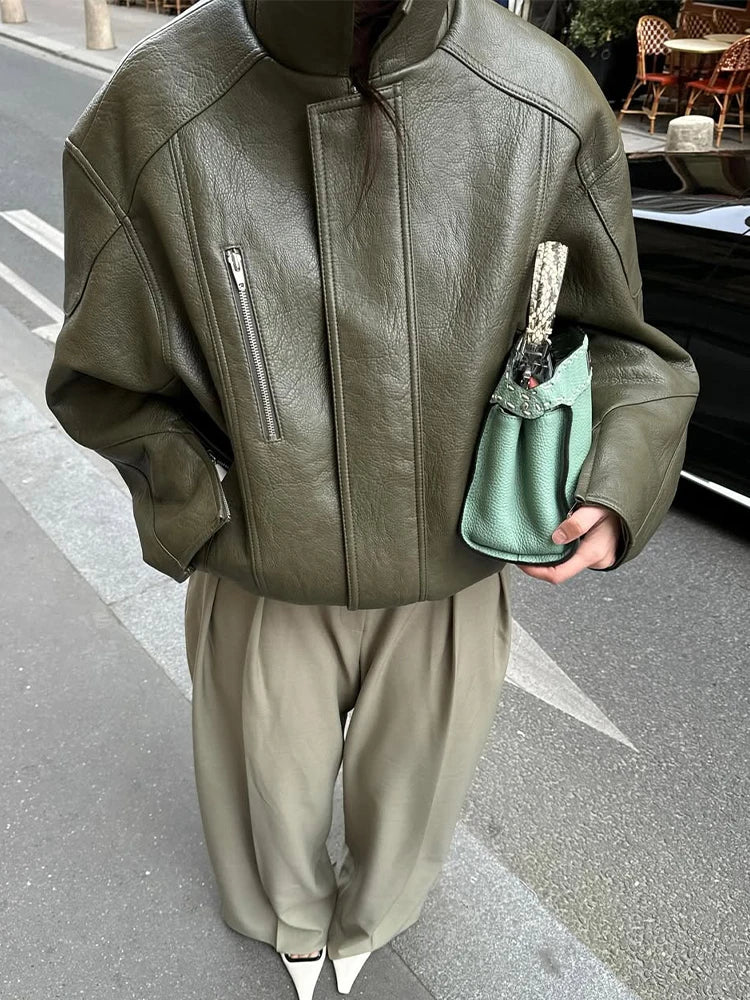 Distressed-Effect Vegan Leather Jacket.