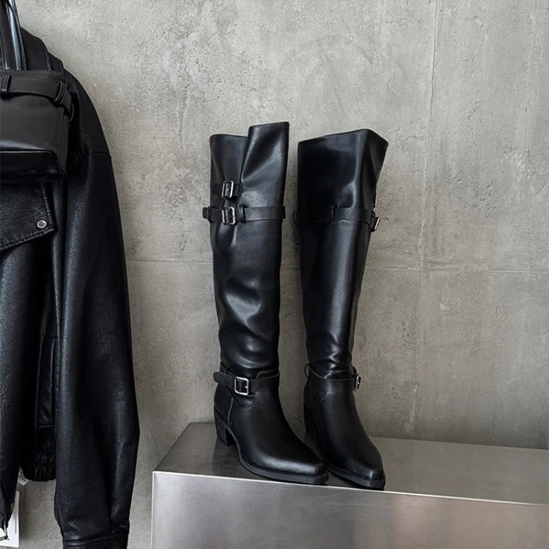 Black Leather Buckled High Boots