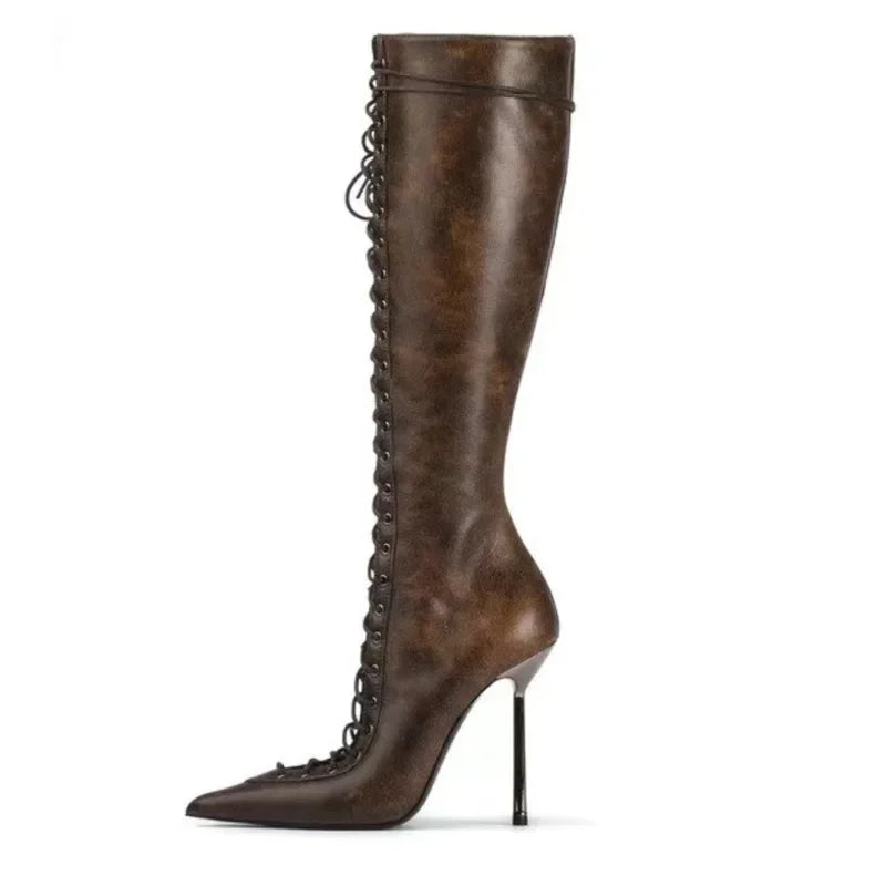 Brand Design Cross Strap Black Red Knee High Boots