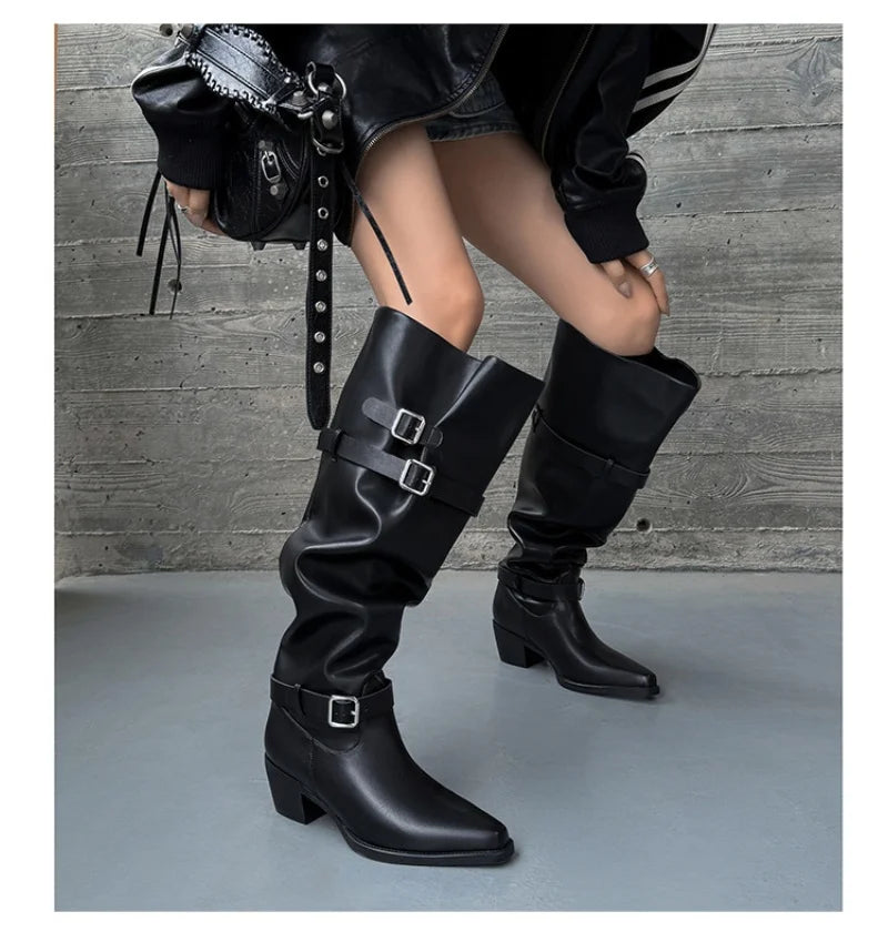 Black Leather Buckled High Boots