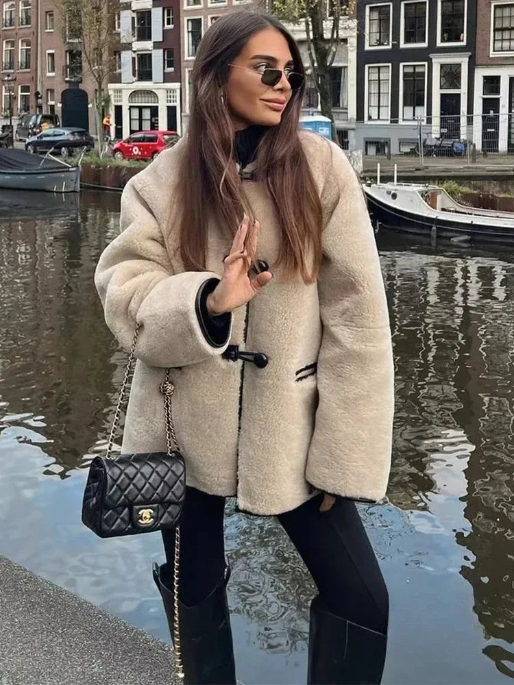 Beige Sherpa Jacket with Faux Leather Details