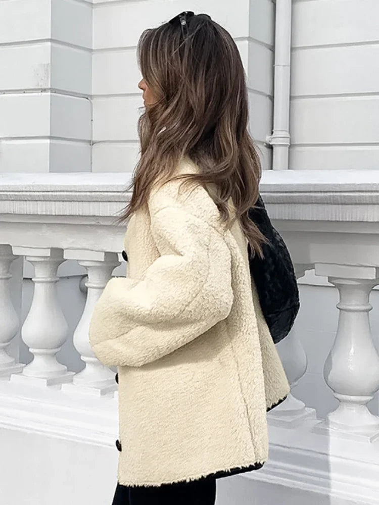 Beige Sherpa Jacket with Faux Leather Details