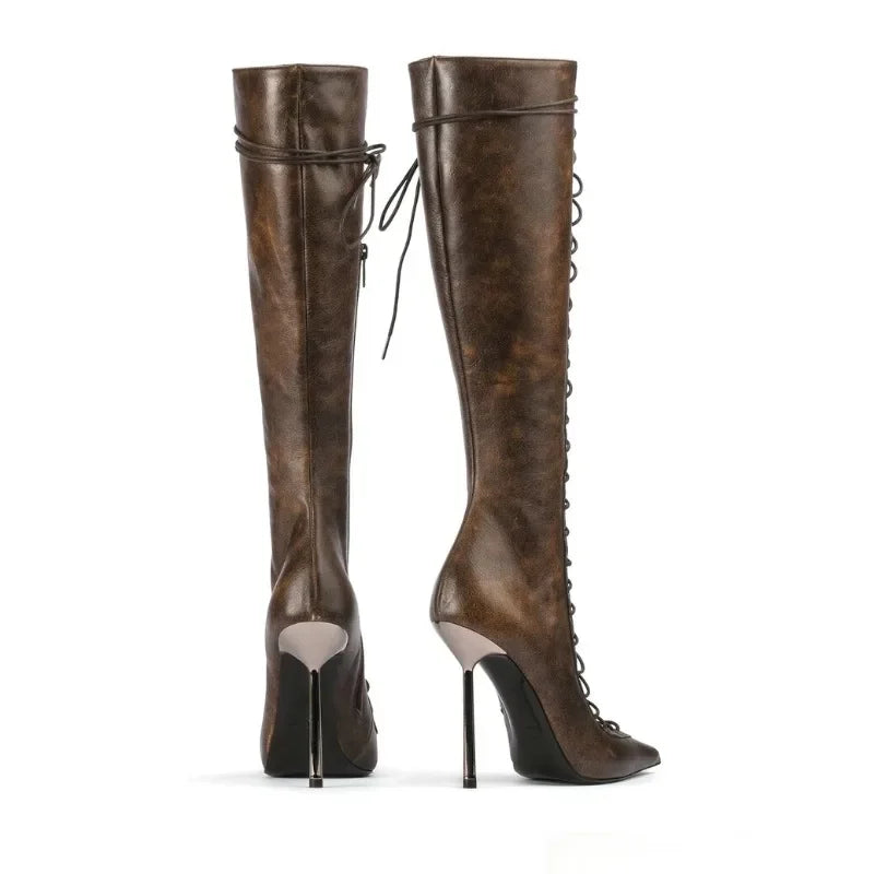 Brand Design Cross Strap Black Red Knee High Boots