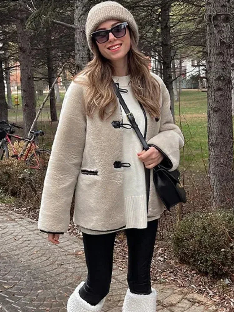 Beige Sherpa Jacket with Faux Leather Details