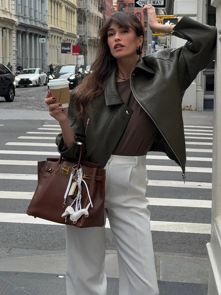 Distressed-Effect Vegan Leather Jacket.