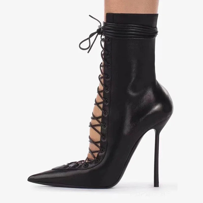 Brand Design Cross Strap Black Red Knee High Boots