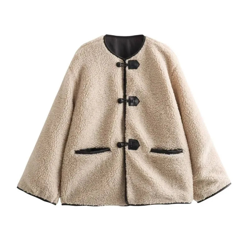 Beige Sherpa Jacket with Faux Leather Details