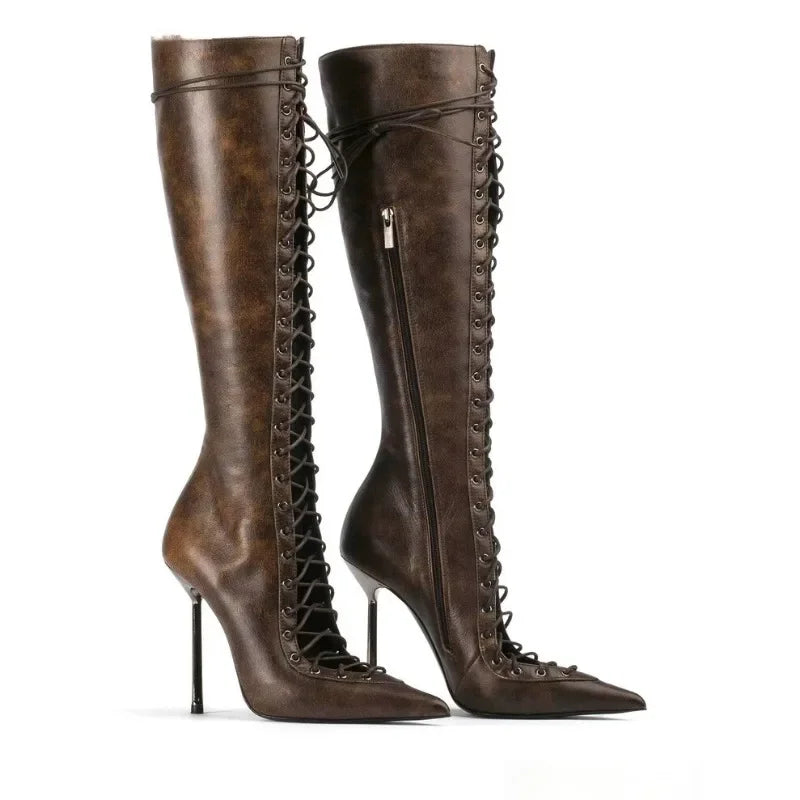 Brand Design Cross Strap Black Red Knee High Boots