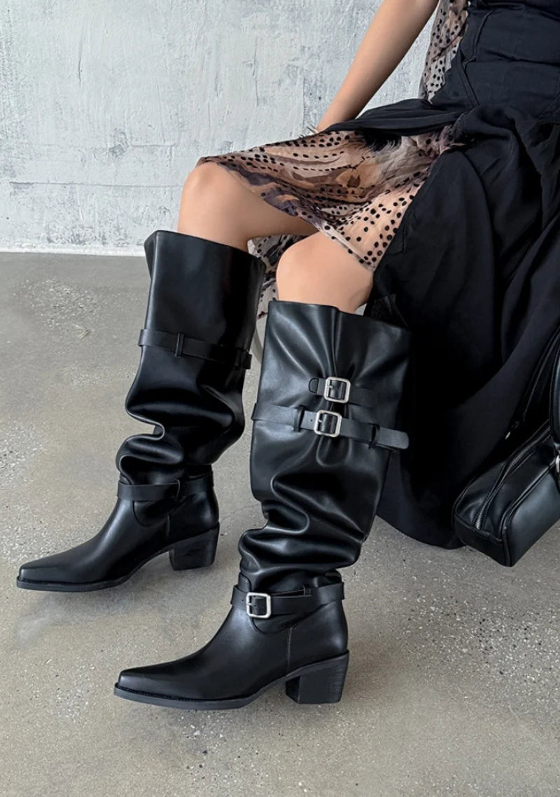 Black Leather Buckled High Boots