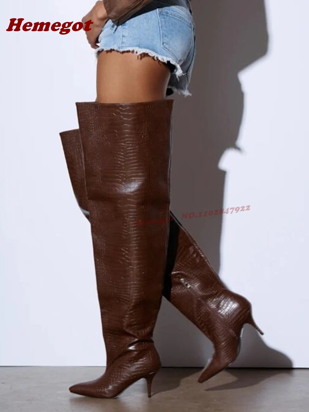 Brown Crocodile-Patterned High Leather Boots