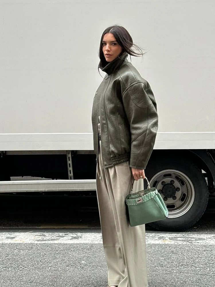 Distressed-Effect Vegan Leather Jacket.