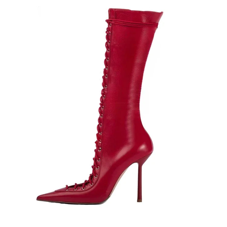 Brand Design Cross Strap Black Red Knee High Boots