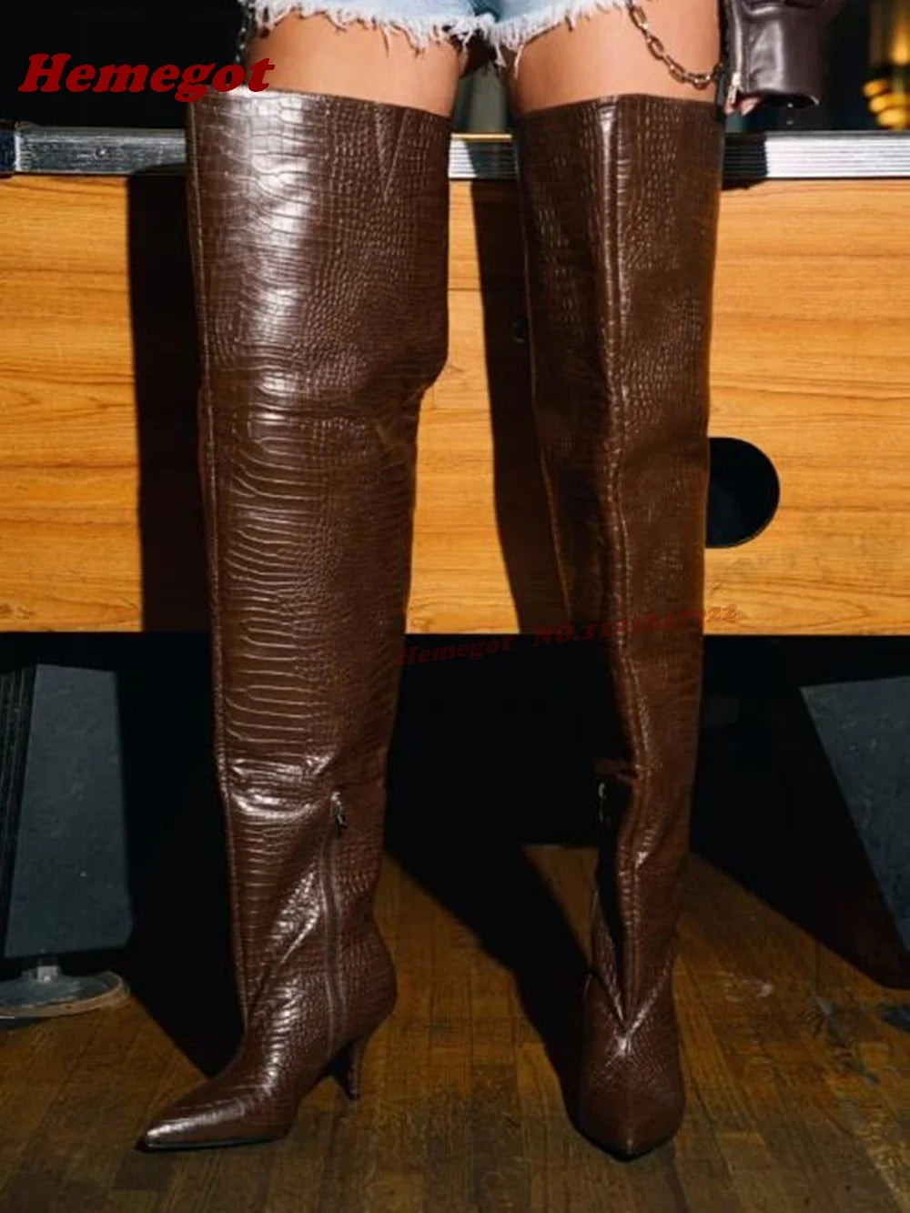 Brown Crocodile-Patterned High Leather Boots