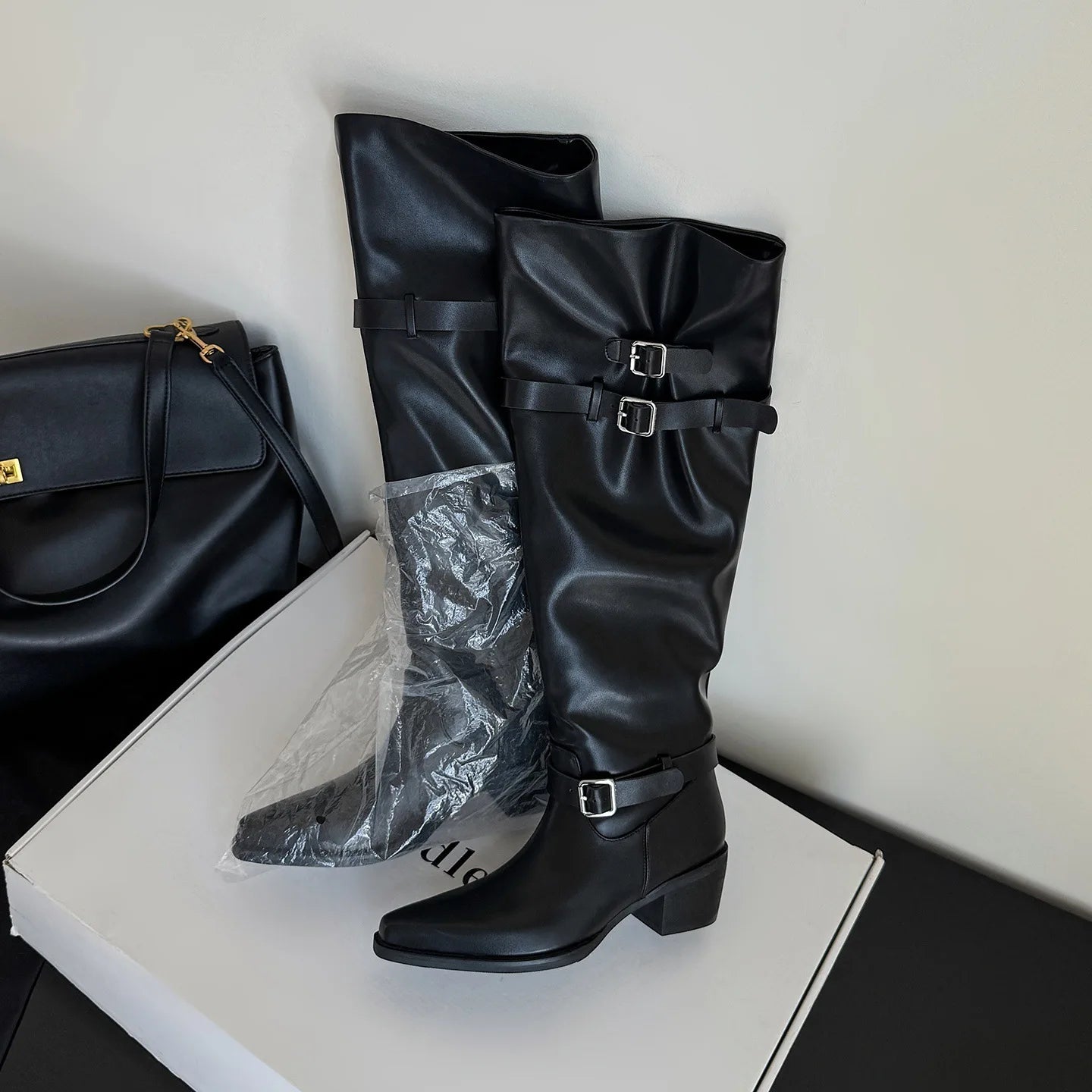 Black Leather Buckled High Boots