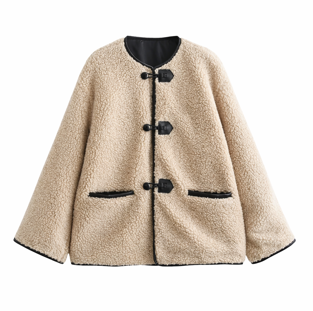 Beige Sherpa Jacket with Faux Leather Details
