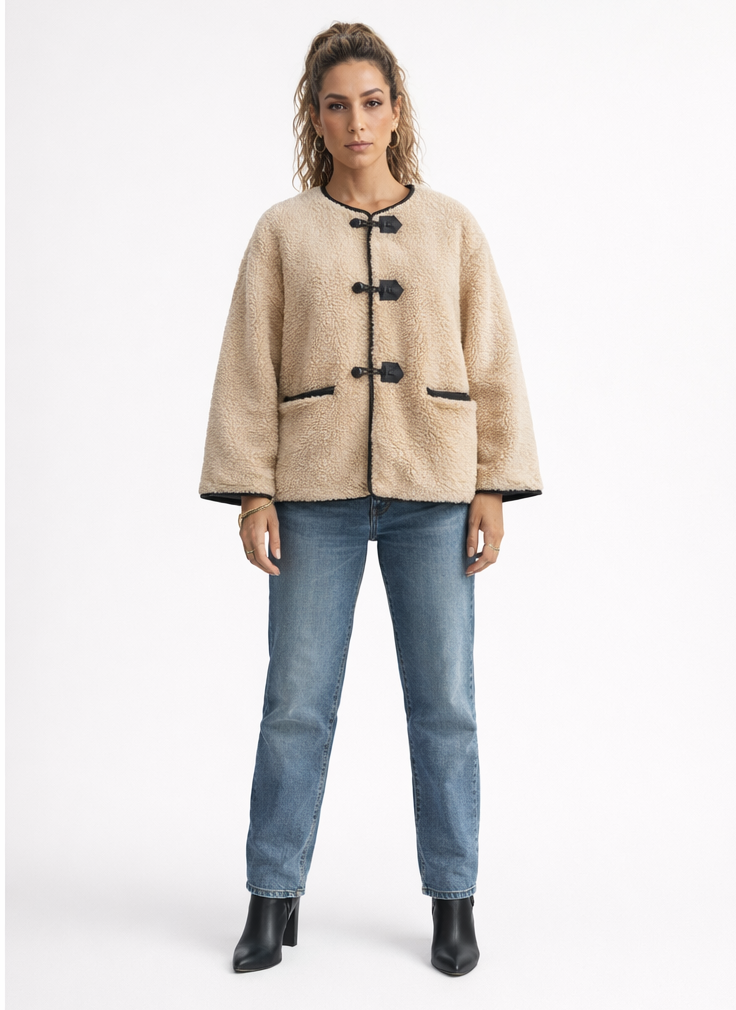 Beige Sherpa Jacket with Faux Leather Details