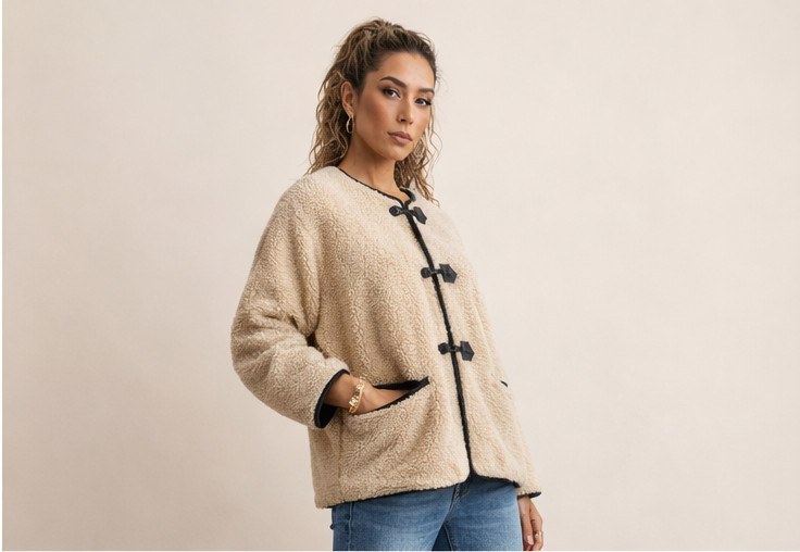Beige Sherpa Jacket with Faux Leather Details