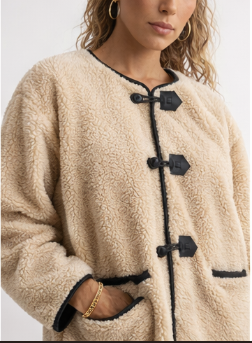 Beige Sherpa Jacket with Faux Leather Details