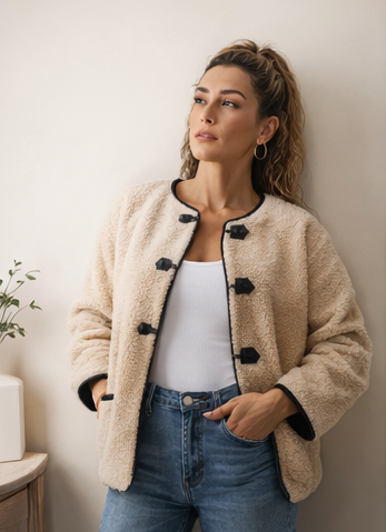 Beige Sherpa Jacket with Faux Leather Details