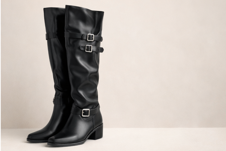 Black Leather Buckled High Boots