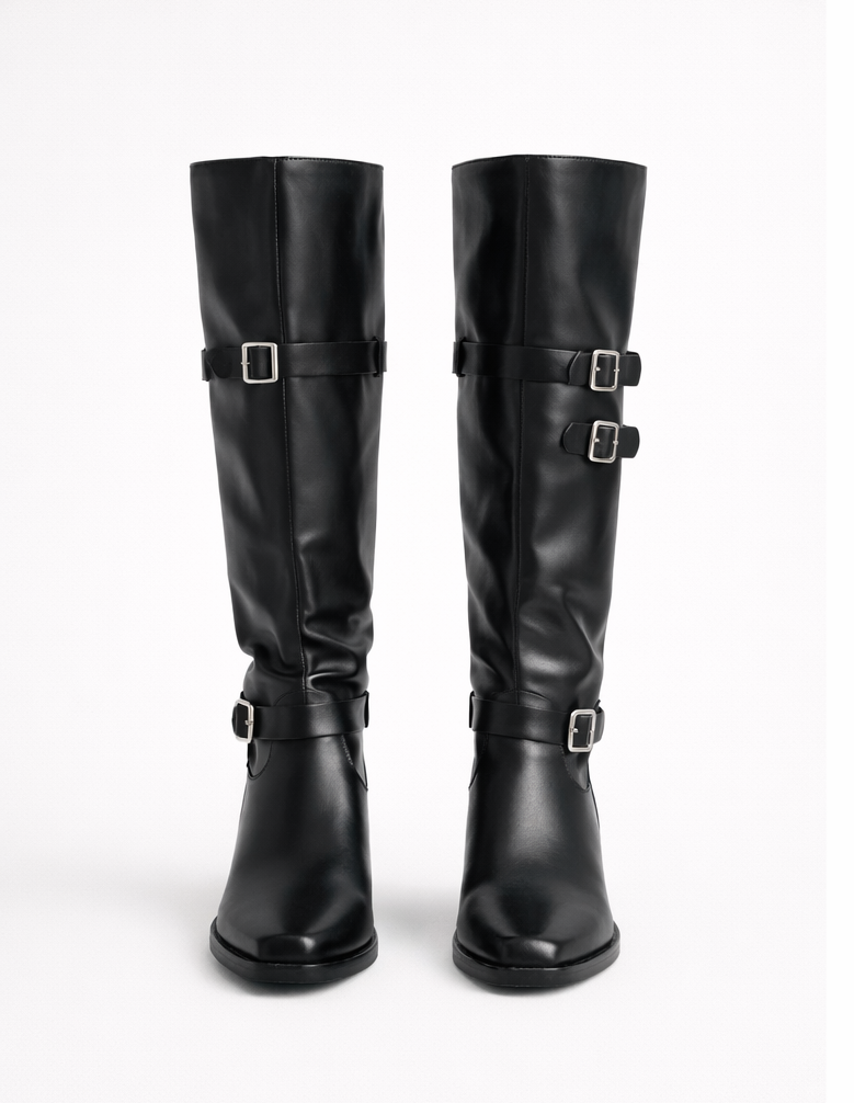 Black Leather Buckled High Boots