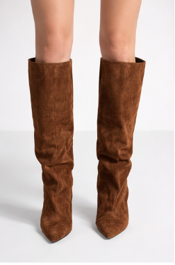 Slouchy Tall Boot in Faux Suede: Kitten Heel and Pointed Toe