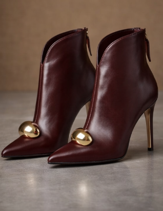 Wine Red Stiletto Ankle Boots with Golden Sphere Detail