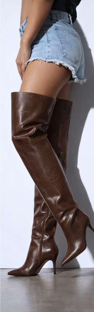 Brown Crocodile-Patterned High Leather Boots