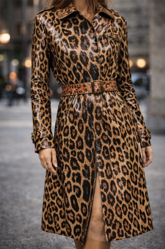 Vegan Leather Leopard Jacket Autumn Long Coat