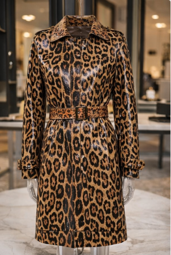 Vegan Leather Leopard Jacket Autumn Long Coat