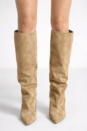 Slouchy Tall Boot in Faux Suede: Kitten Heel and Pointed Toe