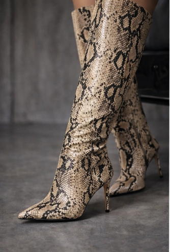 Multi-color Snake Print High Heeled Boots