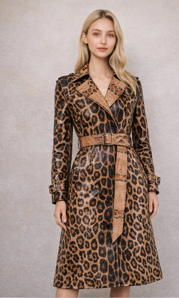 Vegan Leather Leopard Jacket Autumn Long Coat