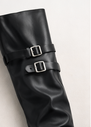 Black Leather Buckled High Boots