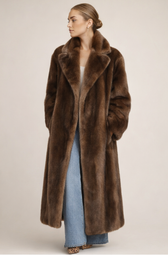 Long Luxury Faux Fur Coat in Chocolate Brown
