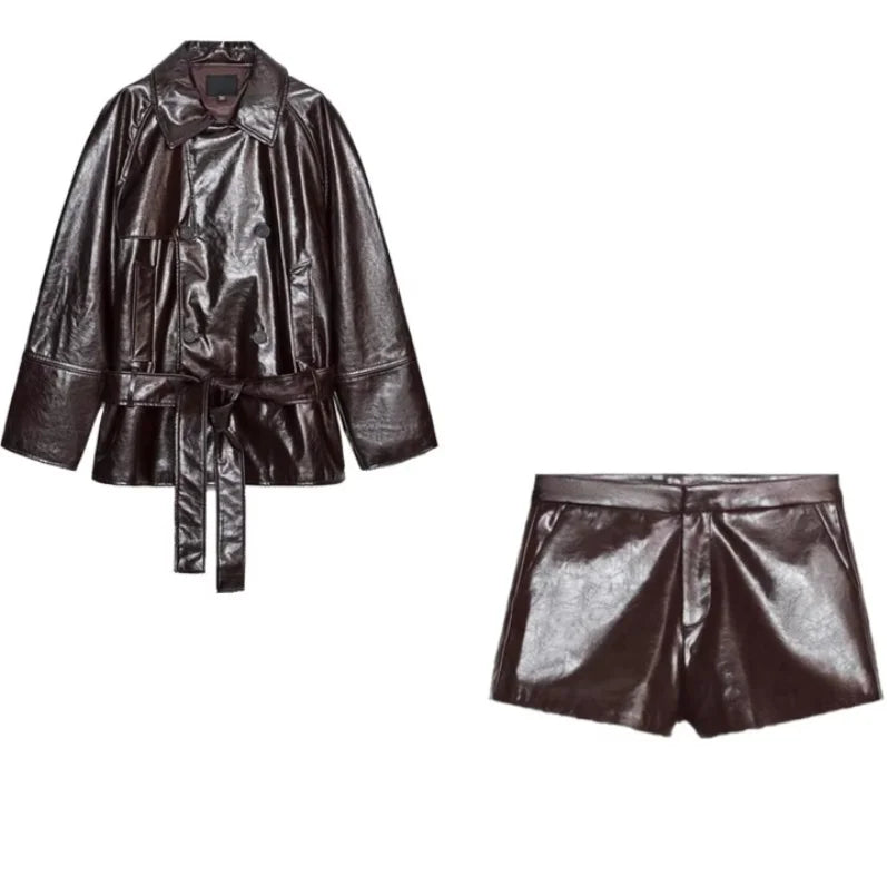 High-Shine Eco-Leather Jacket and Shorts.
